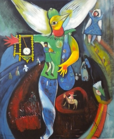 Picture: Marc. Chagall. (1945) - The journey of men towards the creation of soul. Painting entitled &quot;The juggler&quot;: in the middle there is a character with the body of a man, the face and wings of a bird (freedom and dignity.) It stands on the circus ring: it raises its left leg up to its face (the difficulty of learning from one’s mistakes) and is wearing a watch on its arm (it marks the course of time.)